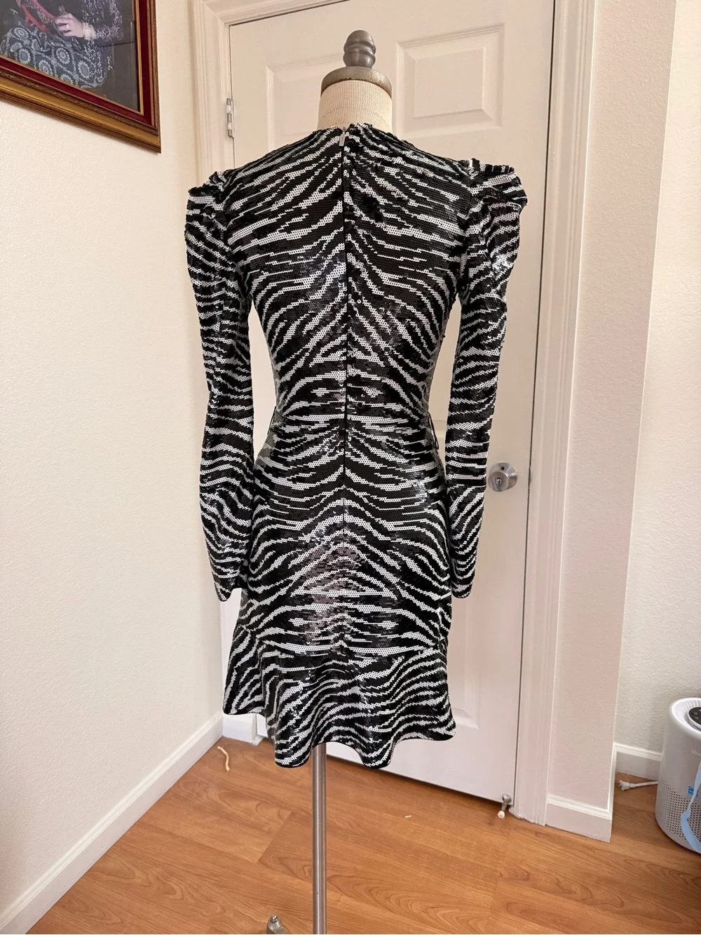Michael Kors Black and White Zebra Wrap-Style Long Sleeve Dress